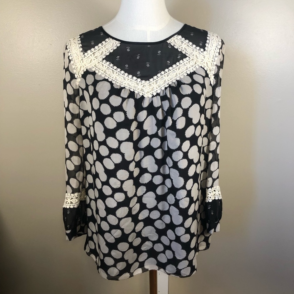 NWT Anthropologie Leifnotes Black & Cream Sheer Silky Long Sleeve Blouse Size 4